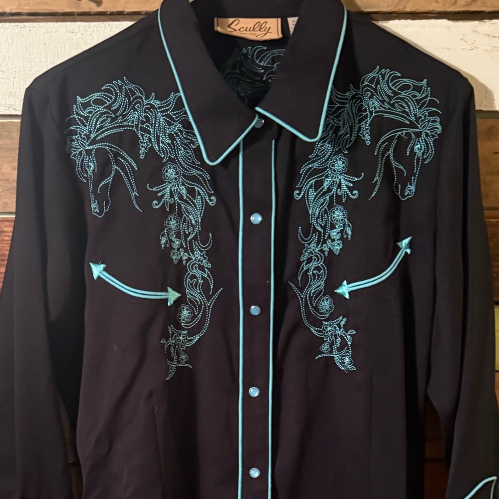 Scully Black Shirt with Blue Embroidery